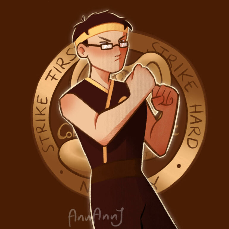 fighter in front of cobra-kai logo