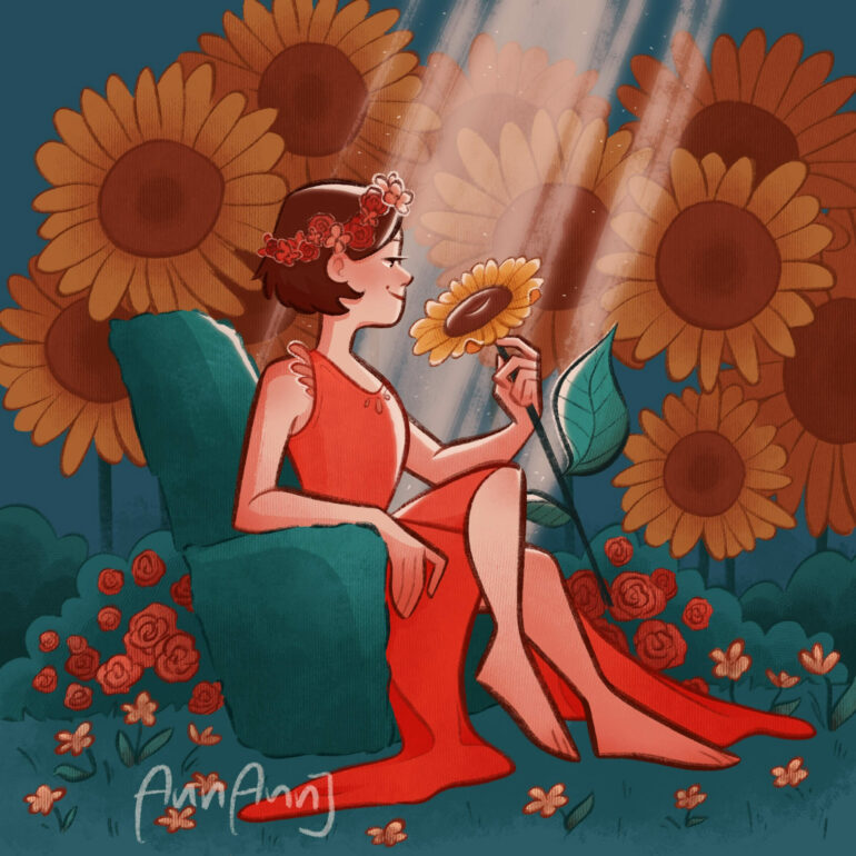 mother in sunshine between sunflowers