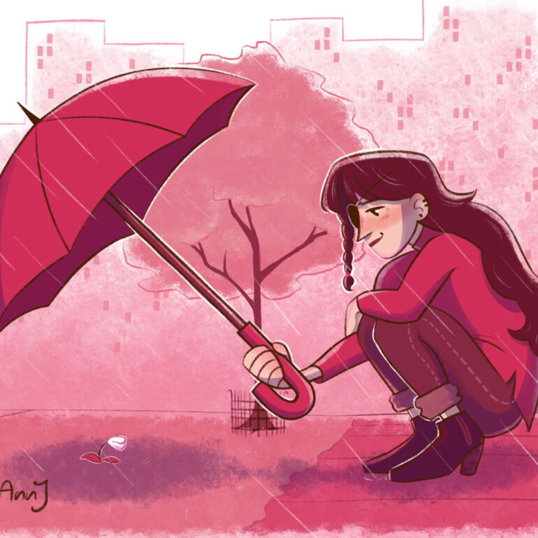 girl kneeing in rain with an umbrella