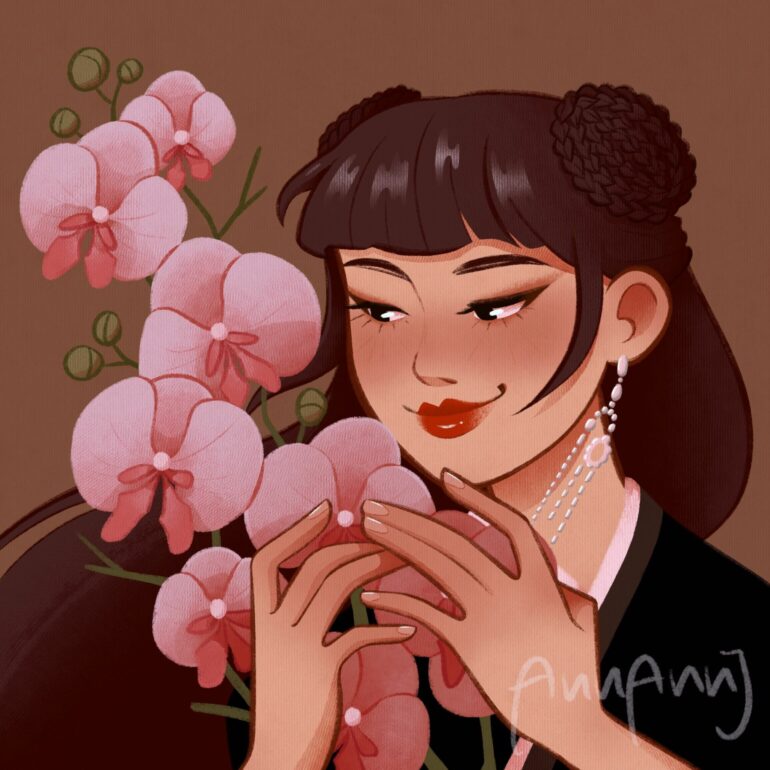 portrait of a woman behind flowers