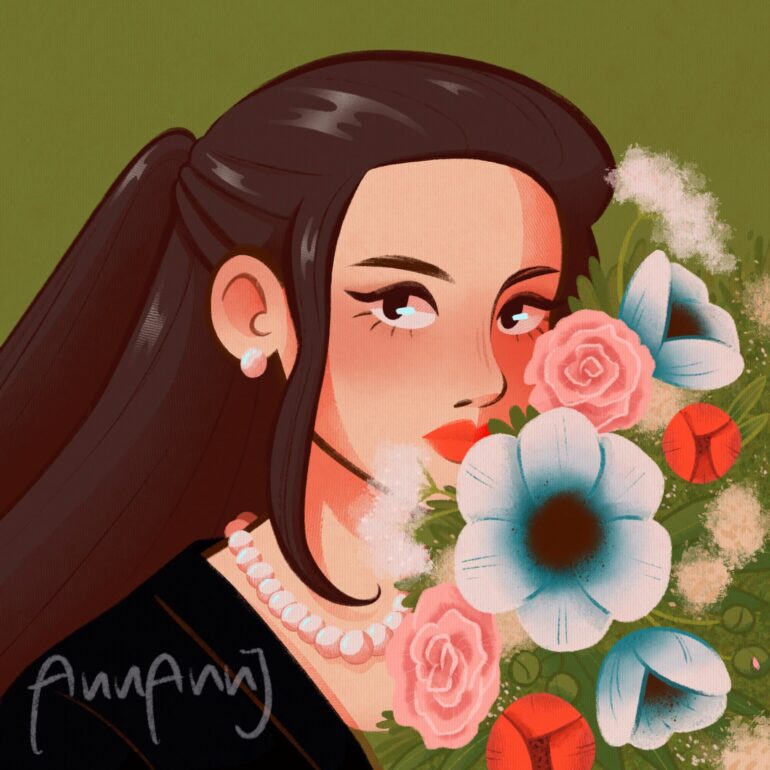 portrait of a woman behind flowers